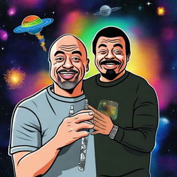 A further revised digital art piece where Joe Rogan is now holding a cartoonishly depicted joint, adding a humorous touch to the cosmic podcast session with Neil DeGrasse Tyson beyond the observable universe