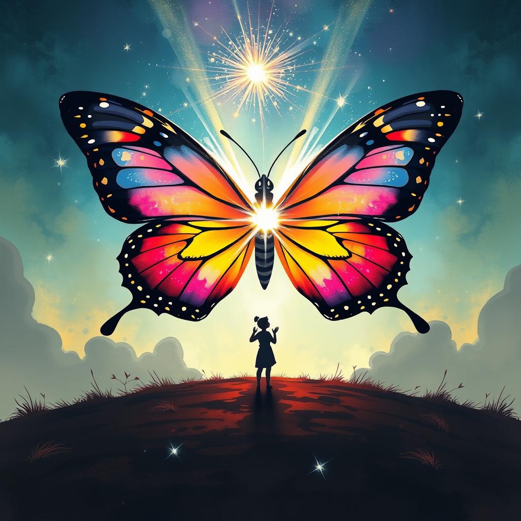 A captivating book cover illustration, featuring a large, majestic butterfly as the central symbol, depicted in vibrant colors with a fractured appearance that plays with light and shadow, representing the internal conflict of a character named Thorine with her gift