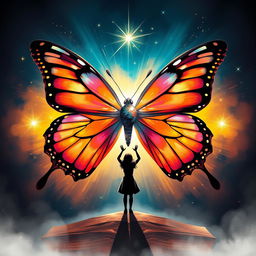 A captivating book cover illustration, featuring a large, majestic butterfly as the central symbol, depicted in vibrant colors with a fractured appearance that plays with light and shadow, representing the internal conflict of a character named Thorine with her gift