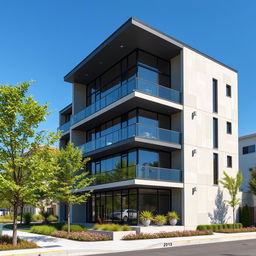 A detailed exterior view of a modern three-story building designed to be UV-resistant