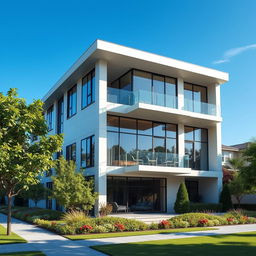 A detailed exterior view of a modern three-story building designed to be UV-resistant