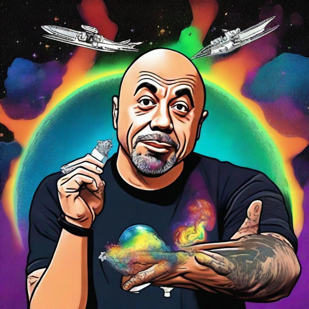 A further revised digital art piece where Joe Rogan is now holding a cartoonishly depicted joint, adding a humorous touch to the cosmic podcast session with Neil DeGrasse Tyson beyond the observable universe