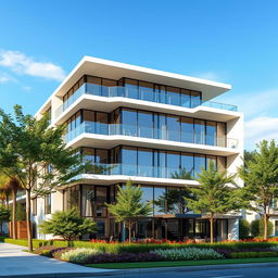 A detailed exterior view of a modern three-story building designed to be UV-resistant