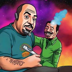 A further revised digital art piece where Joe Rogan is now holding a cartoonishly depicted joint, adding a humorous touch to the cosmic podcast session with Neil DeGrasse Tyson beyond the observable universe