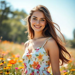 A portrait of a young woman with long, flowing brunette hair, wearing a stylish summer dress adorned with floral patterns