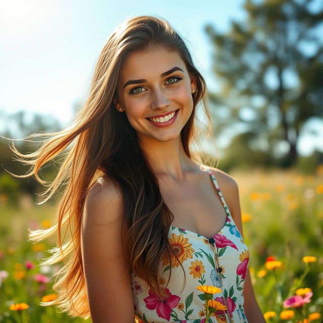 A portrait of a young woman with long, flowing brunette hair, wearing a stylish summer dress adorned with floral patterns