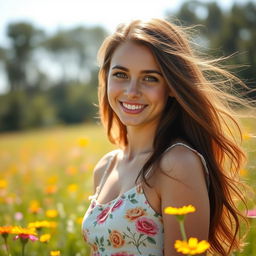 A portrait of a young woman with long, flowing brunette hair, wearing a stylish summer dress adorned with floral patterns