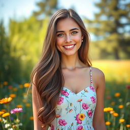 A portrait of a young woman with long, flowing brunette hair, wearing a stylish summer dress adorned with floral patterns
