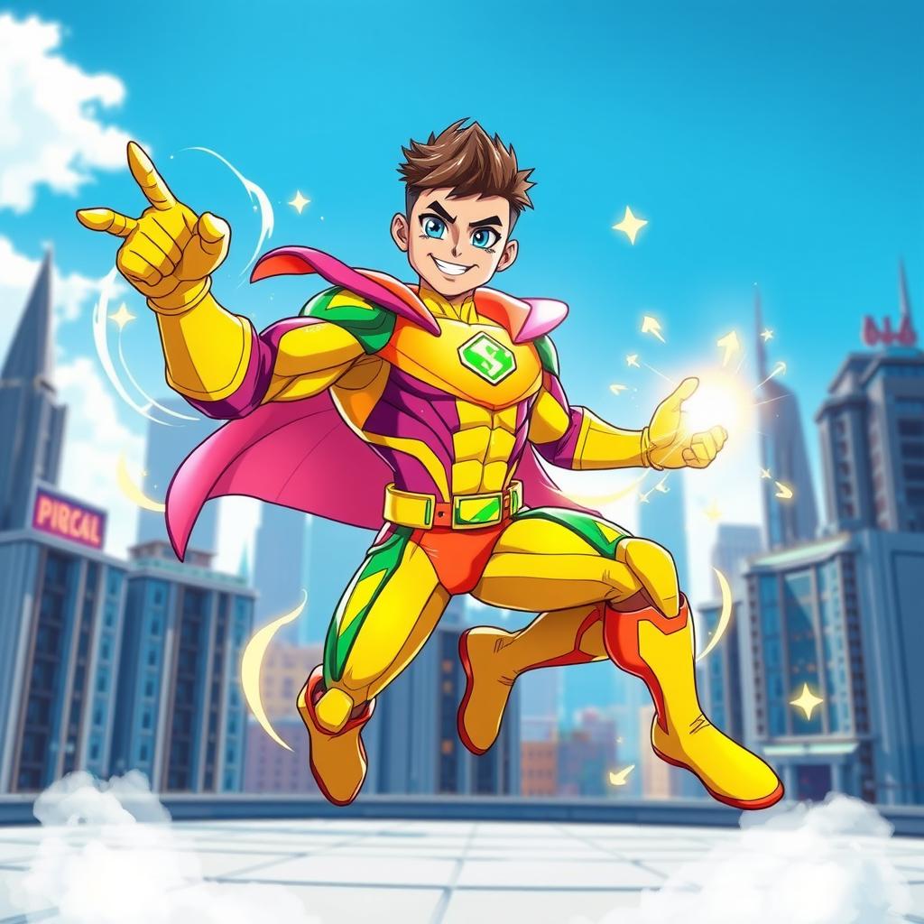 A vibrant superhero character, exuding energy and positivity, with a bright and colorful costume adorned with dynamic patterns and symbols, reflecting their superpowers