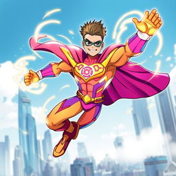 A vibrant superhero character, exuding energy and positivity, with a bright and colorful costume adorned with dynamic patterns and symbols, reflecting their superpowers