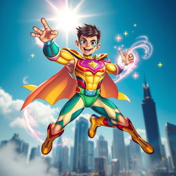 A vibrant superhero character, exuding energy and positivity, with a bright and colorful costume adorned with dynamic patterns and symbols, reflecting their superpowers