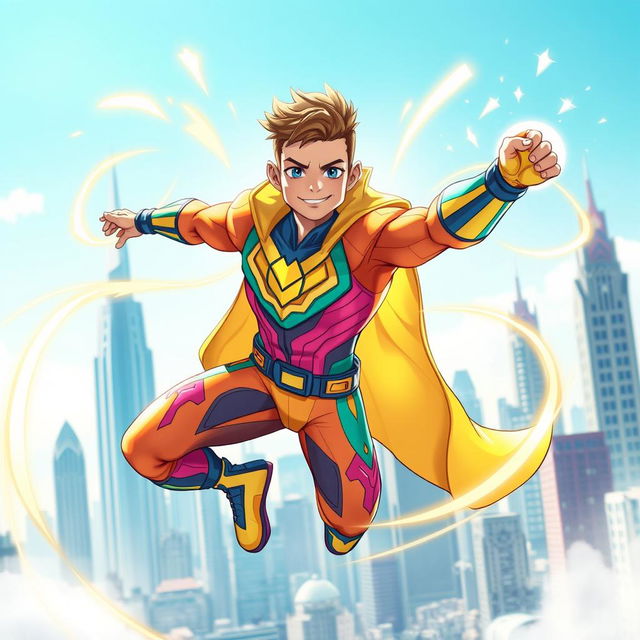 A vibrant superhero character, exuding energy and positivity, with a bright and colorful costume adorned with dynamic patterns and symbols, reflecting their superpowers