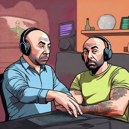 A high-quality digital art piece illustrating a scene from the Joe Rogan podcast