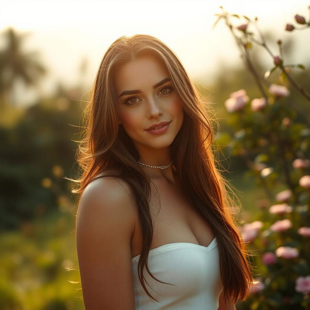 A stunningly beautiful woman standing in a serene natural environment, the soft morning light illuminating her skin