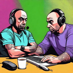 A high-quality digital art piece illustrating a scene from the Joe Rogan podcast