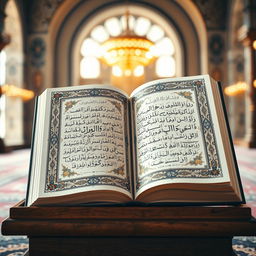 An exquisite artistic representation of the Quran, with ornate calligraphy and intricate geometric patterns