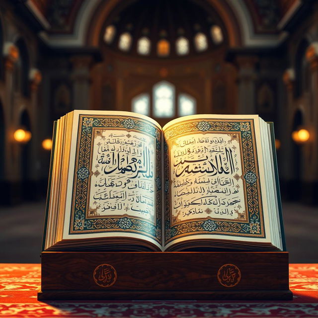 An exquisite artistic representation of the Quran, with ornate calligraphy and intricate geometric patterns