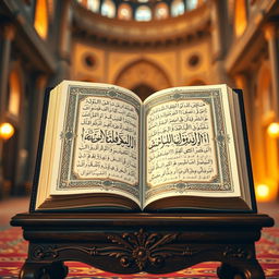 An exquisite artistic representation of the Quran, with ornate calligraphy and intricate geometric patterns