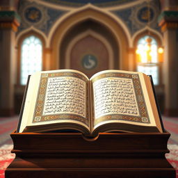 An exquisite artistic representation of the Quran, with ornate calligraphy and intricate geometric patterns