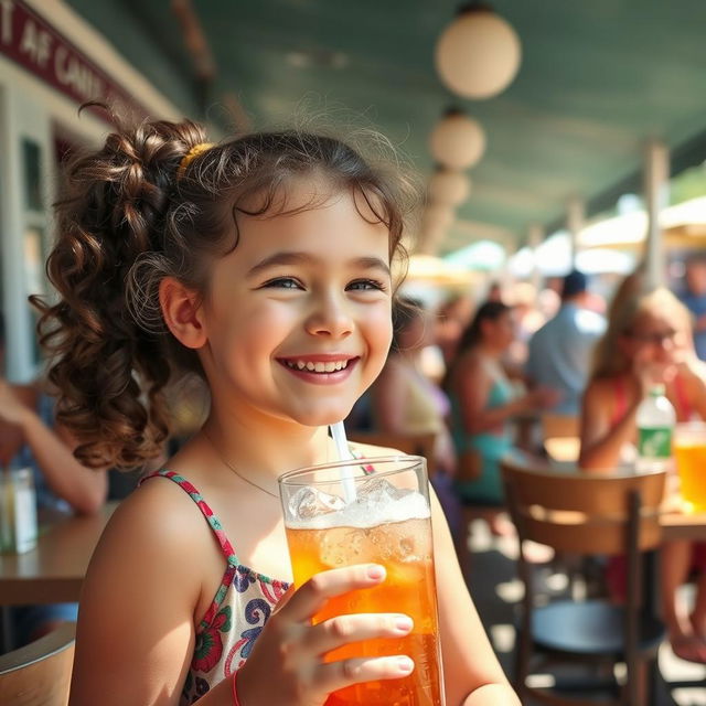 A young girl happily drinking soda at a lively outdoor café