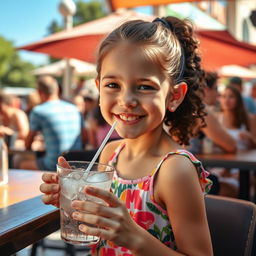 A young girl happily drinking soda at a lively outdoor café