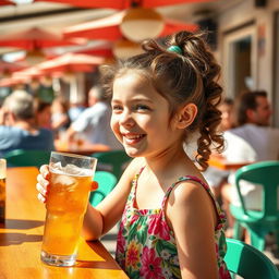 A young girl happily drinking soda at a lively outdoor café