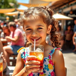 A young girl happily drinking soda at a lively outdoor café