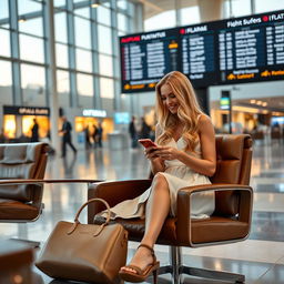 Clara, a beautiful blonde with long, carefully styled hair, is waiting for her flight in a chic and modern airport