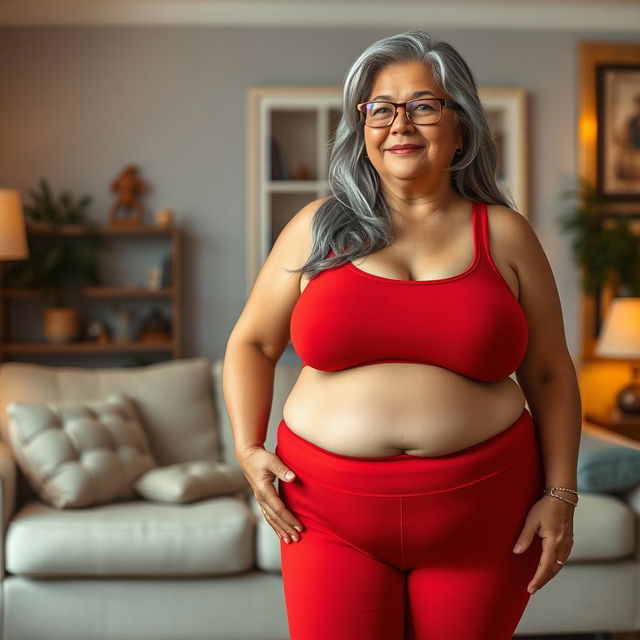 A realistic depiction of a 60-year-old Latin housewife with a plus-size, pear-shaped body