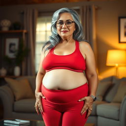 A realistic depiction of a 60-year-old Latin housewife with a plus-size, pear-shaped body