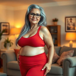 A realistic depiction of a 60-year-old Latin housewife with a plus-size, pear-shaped body