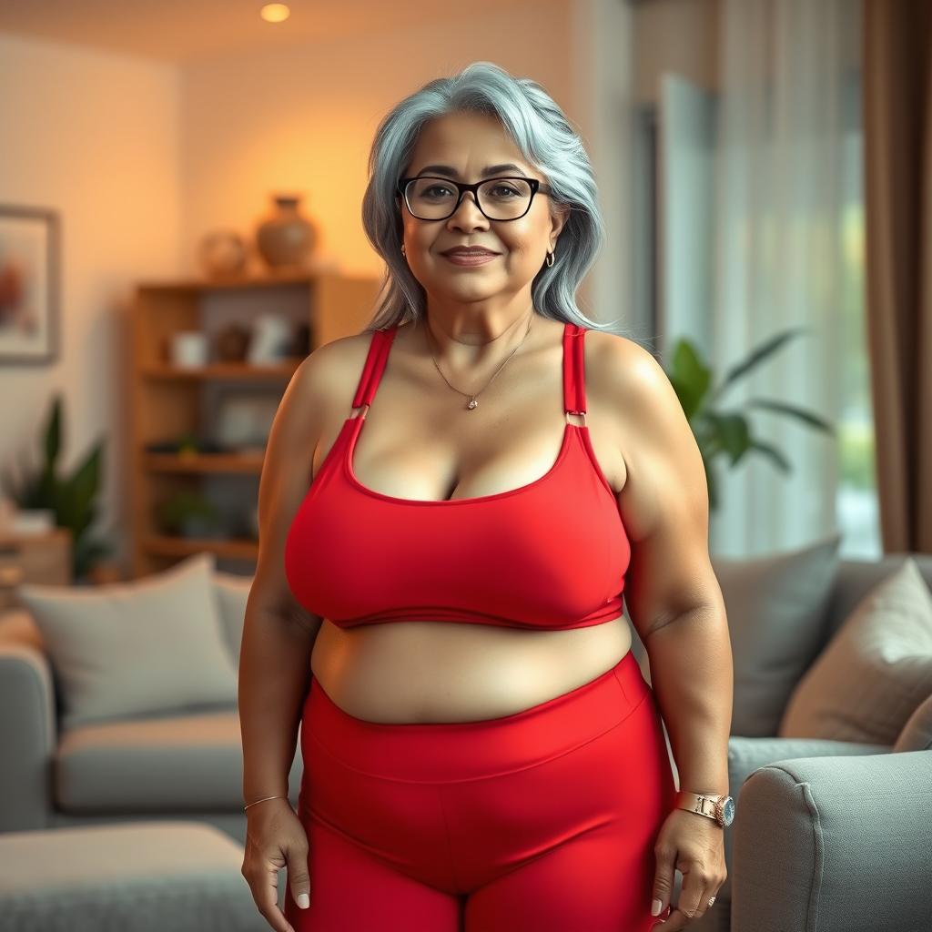 A realistic depiction of a 60-year-old Latin housewife with a plus-size, pear-shaped body