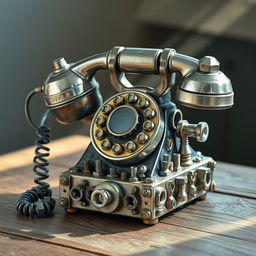 An artistic representation of a vintage telephone crafted entirely from an assortment of nuts and bolts, showcasing intricate details in the design