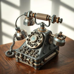 An artistic representation of a vintage telephone crafted entirely from an assortment of nuts and bolts, showcasing intricate details in the design