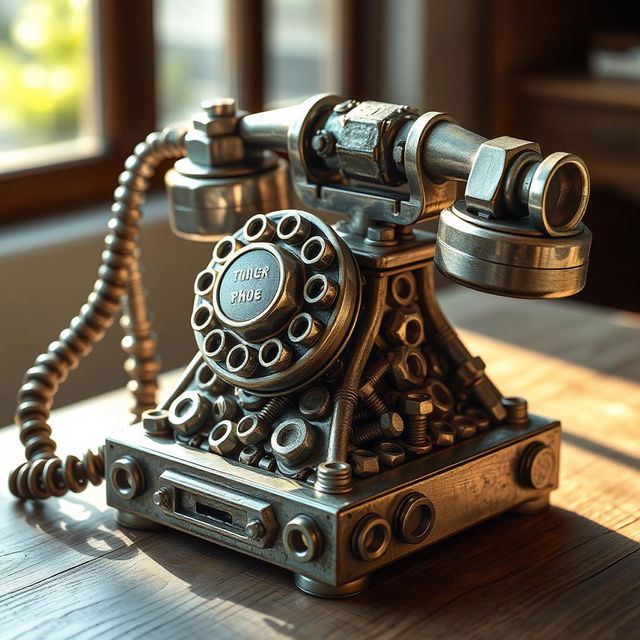 An artistic representation of a vintage telephone crafted entirely from an assortment of nuts and bolts, showcasing intricate details in the design