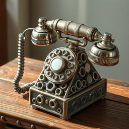 An artistic representation of a vintage telephone crafted entirely from an assortment of nuts and bolts, showcasing intricate details in the design