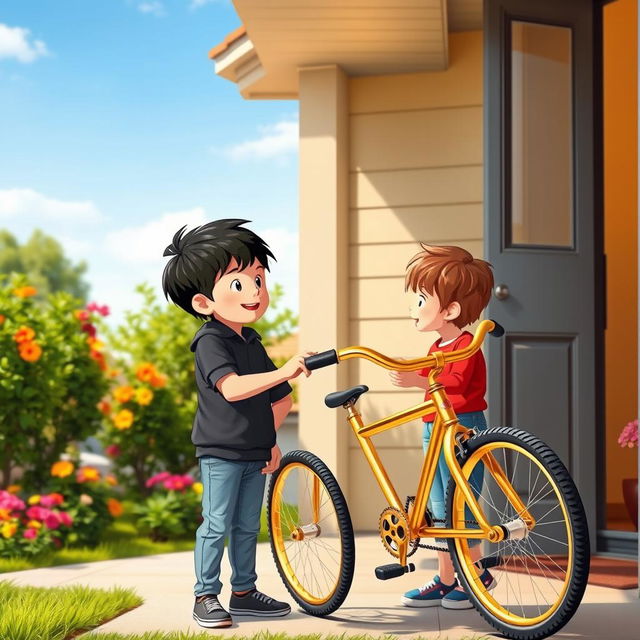 A heartwarming scene of a black-haired 10-year-old boy saying goodbye to his friend, a 9-year-old boy with brown hair, at their home doorstep