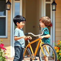 A heartwarming scene of a black-haired 10-year-old boy saying goodbye to his friend, a 9-year-old boy with brown hair, at their home doorstep