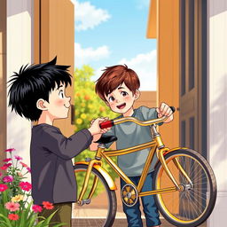 A heartwarming scene of a black-haired 10-year-old boy saying goodbye to his friend, a 9-year-old boy with brown hair, at their home doorstep