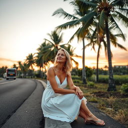 Clara, a beautiful blonde with tanned skin, is waiting for her bus next to a road in Bali