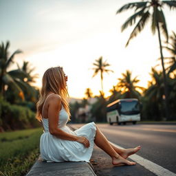 Clara, a beautiful blonde with tanned skin, is waiting for her bus next to a road in Bali
