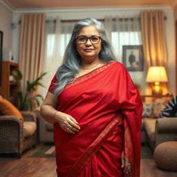 A realistic depiction of a 60-year-old housewife with a plus-size, pear-shaped body