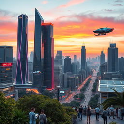 A futuristic cityscape showcasing advanced technology, with sleek skyscrapers featuring neon lights and flying vehicles zipping through the sky