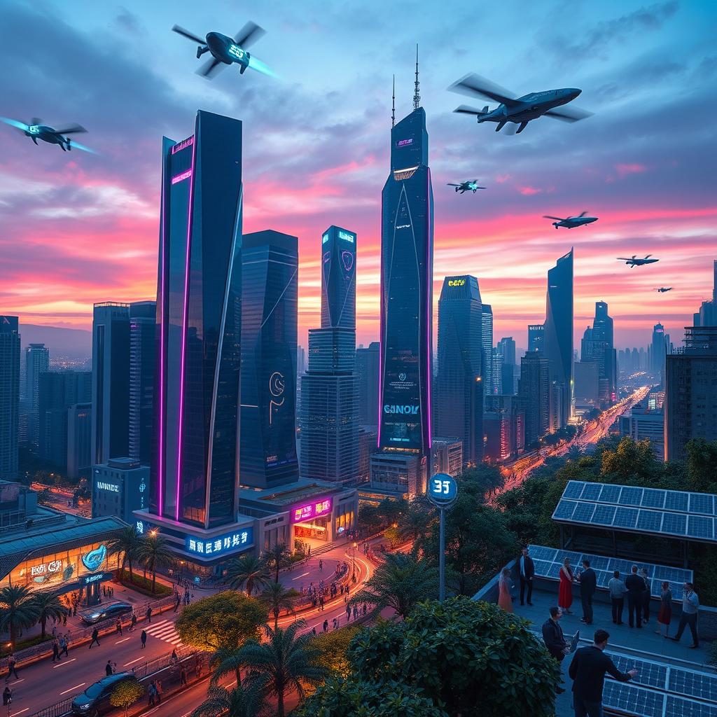 A futuristic cityscape showcasing advanced technology, with sleek skyscrapers featuring neon lights and flying vehicles zipping through the sky