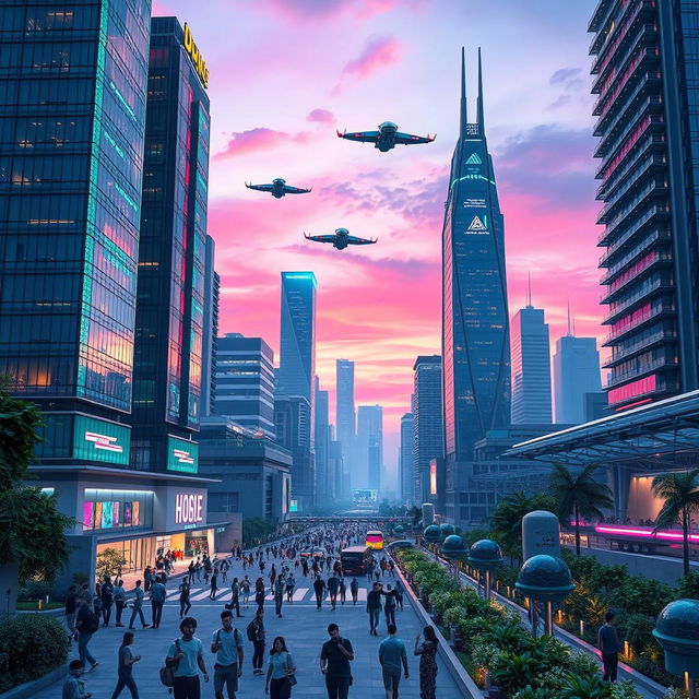 A futuristic cityscape showcasing advanced technology, with sleek skyscrapers featuring neon lights and flying vehicles zipping through the sky