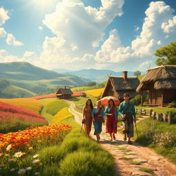 A fantasy rural scene featuring villagers walking along a scenic path