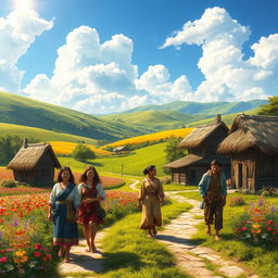 A fantasy rural scene featuring villagers walking along a scenic path