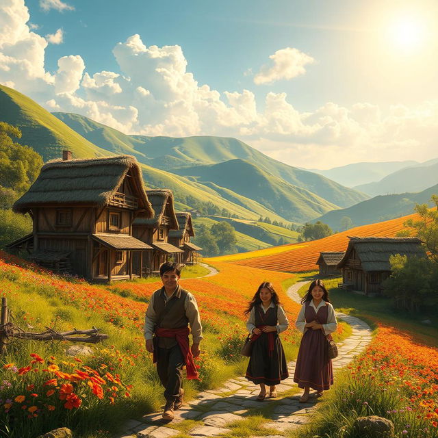 A fantasy rural scene featuring villagers walking along a scenic path