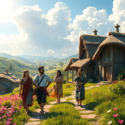 A fantasy rural scene featuring villagers walking along a scenic path