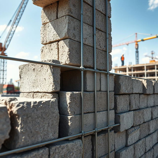 A detailed and artistic representation of reinforced masonry, showcasing the intricate patterns and textures of concrete blocks combined with steel reinforcement bars
